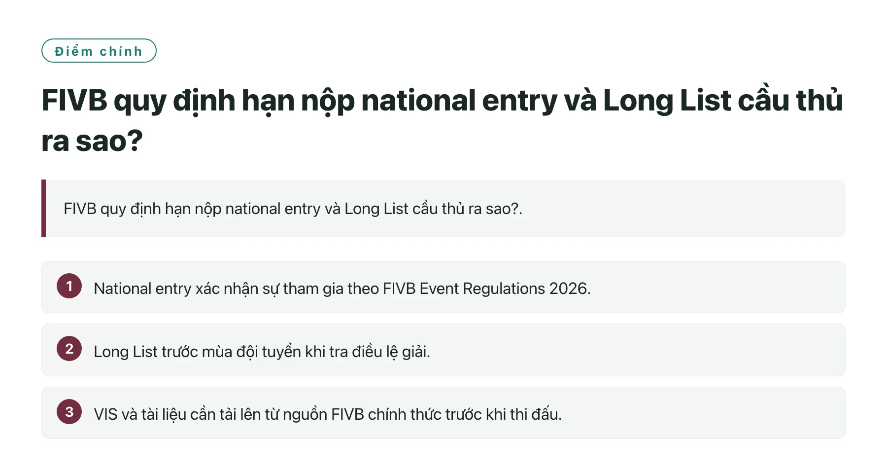 FIVB quy định hạn nộp national entry và Long List cầu thủ ra sao?——全文要点速览